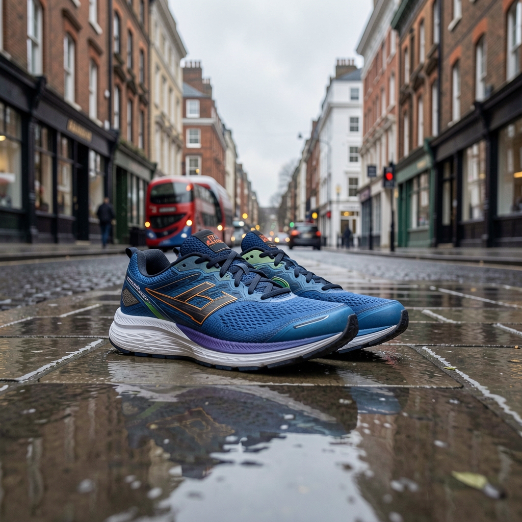 Running shoes on a wet pavement on an overcast London morning, low angle street view